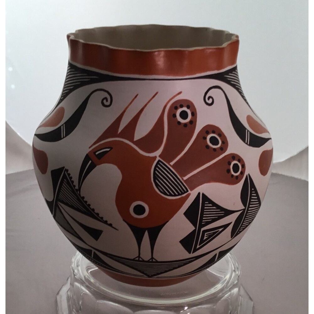 Adrian Trujillo Acoma Polychrome 4 Panel JAR w/Parrot & Geometric Design